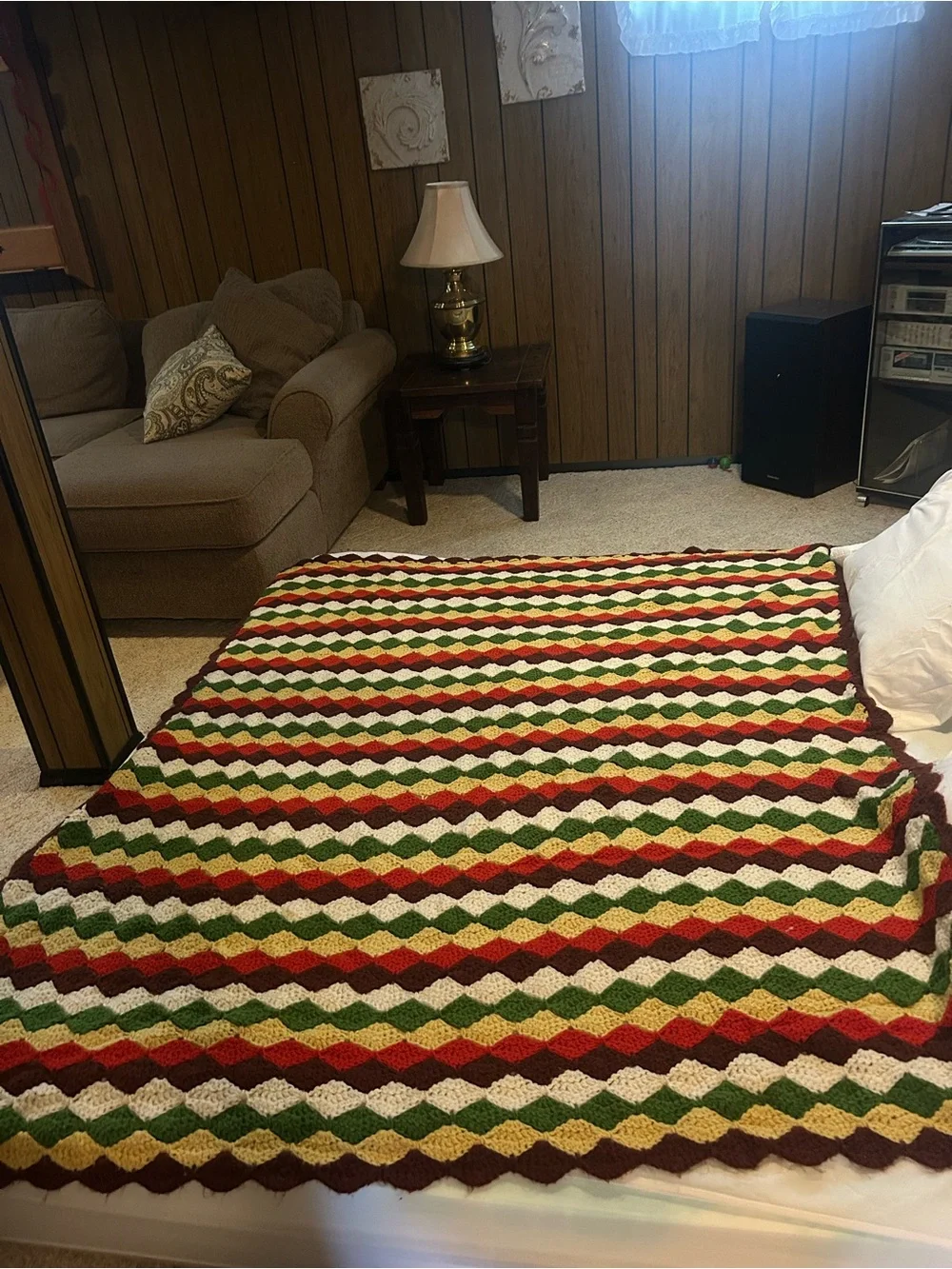 Handmade Crochet Afghan Blanket in Red, Green, Gold & Cream